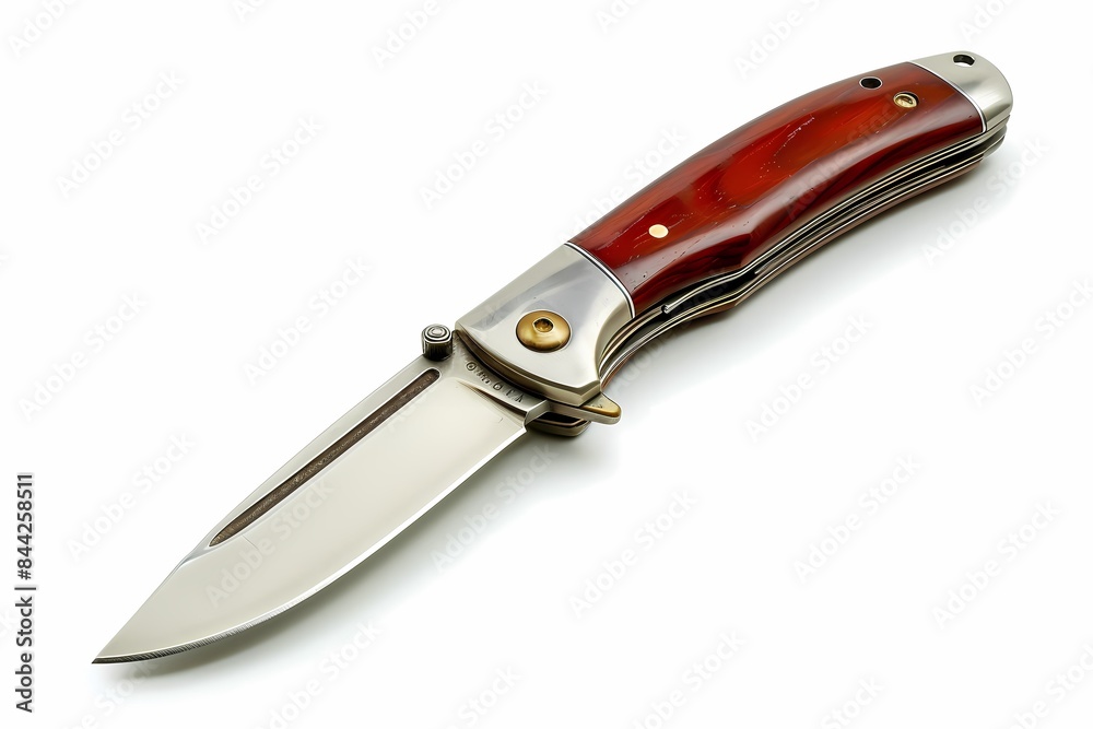 A folding knife with red wood handle and stainless steel blade, isolated on a white background. Ai generated A folding knife with red wood handle and stainless steel blade, isolated on a white background. Ai generated