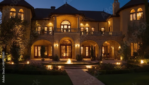 Beautiful modern farmhouse style luxury home exterior at twilight.