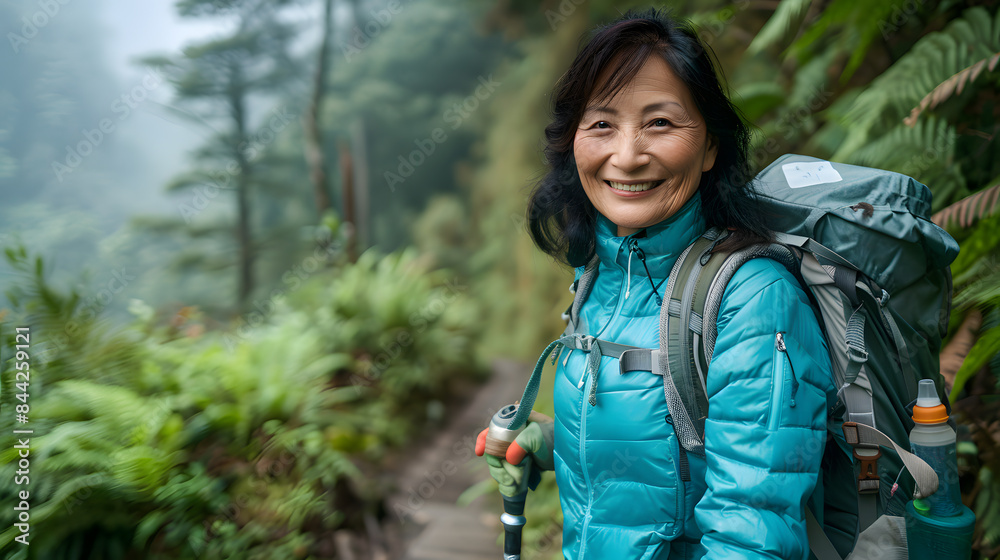 A determined middle-aged Asian female hiker navigates through a dense jungle trail, a woman showcasing resilience and adventure in nature.