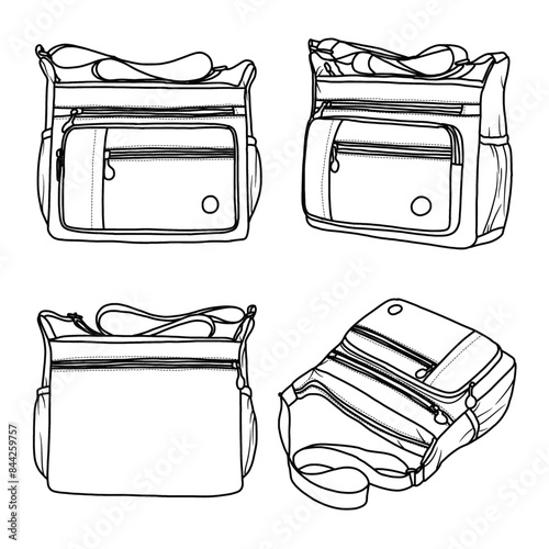 Women Shoulder Handbag Roomy Multiple Pockets Bag Ladies Cross body Purse Fashion Tote Top Handle Satchel Line art, outline vector doodle illustration various view, isolated on white background