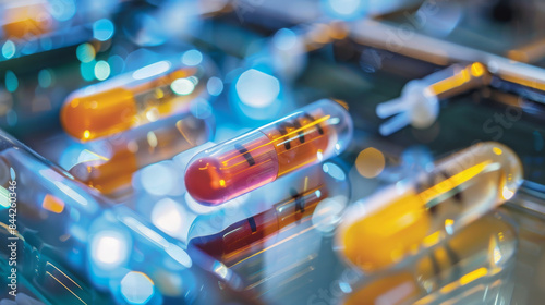 A futuristic glimpse of medicine with capsules and syringes