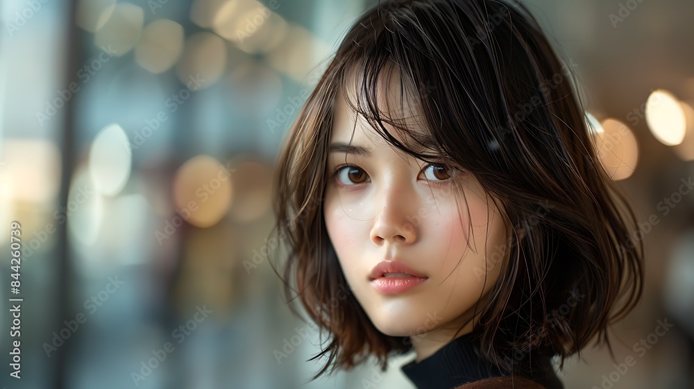 A young woman with a subtle smile features short hair and a clear gaze against a softly blurred background. A young woman with a subtle smile features short hair and a clear gaze against a softly blurred background.