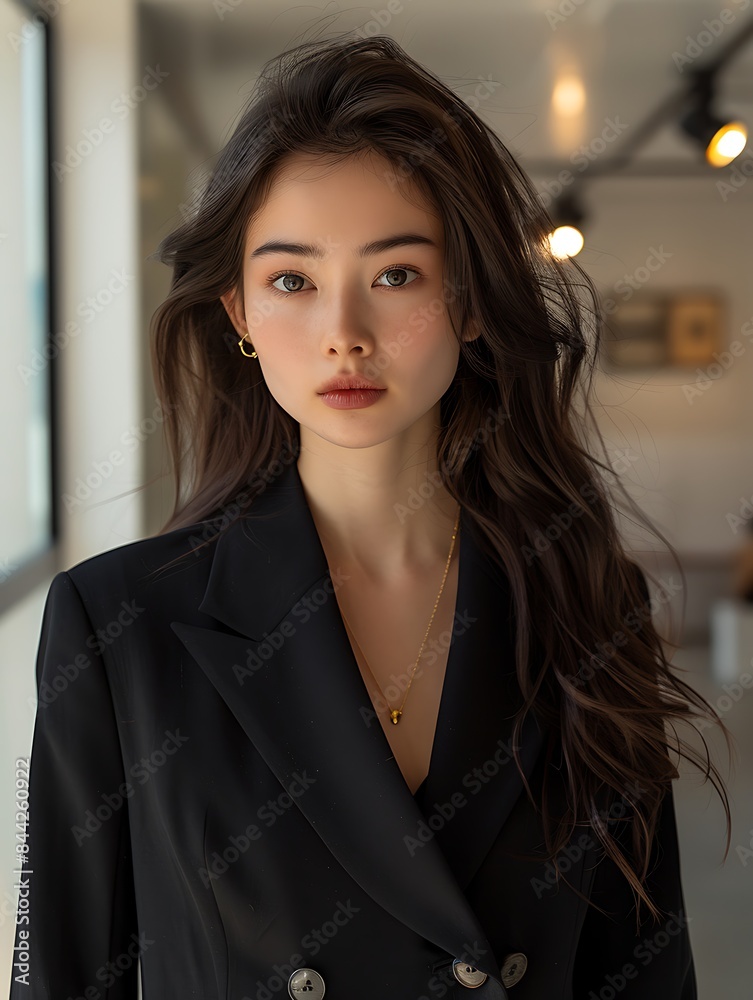 A young woman with long hair wearing a black blazer gives an attentive look to the camera inside a modern interior A young woman with long hair wearing a black blazer gives an attentive look to the camera inside a modern interior