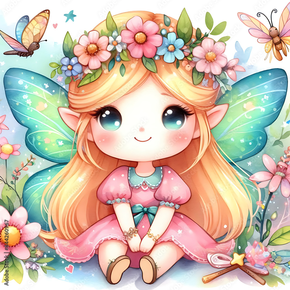 A little girl. Cute small fairy. Beautiful Elf princess. Set butterflies with colorful wings A little girl. Cute small fairy. Beautiful Elf princess. Set butterflies with colorful wings