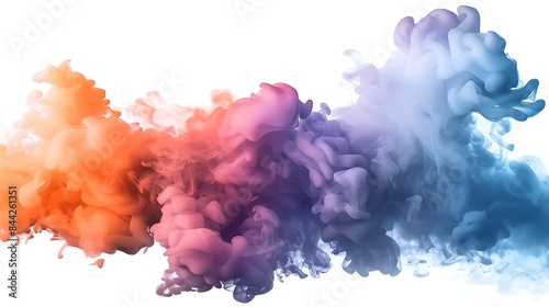 Series of colorful smoke explosions in shades of orange blue and pink isolated on a transparent background with realistic plumes and bursts. photo