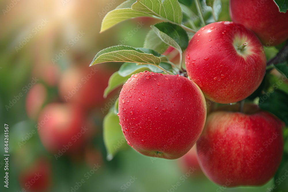 Red apples on tree in apple orchard, apple farm at autumn harvest season Red apples on tree in apple orchard, apple farm at autumn harvest season