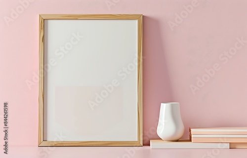 A minimalistic image of a blank frame with a wooden border next to a white vase and a stack of books against a soft pink wall. 