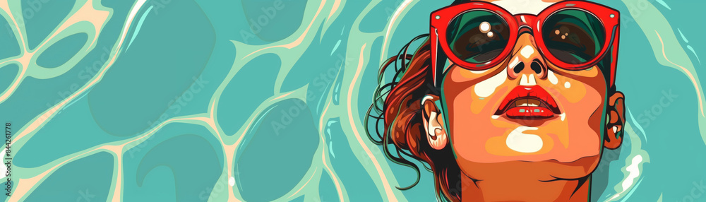 Vibrant illustration of a woman in red sunglasses relaxing in a pool, showcasing summer vibes and modern art style elements. Vibrant illustration of a woman in red sunglasses relaxing in a pool, showcasing summer vibes and modern art style elements.