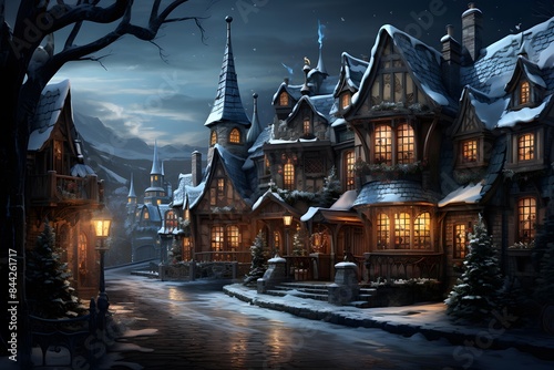Winter night in the village. Panoramic view of the old wooden houses.