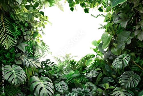 Nature frame of jungle trees with tropical rainforest foliage plants (Monstera, birda??s nest fern, golden pothos and forest orchid) growing in wild isolated on white background with clipping path photo