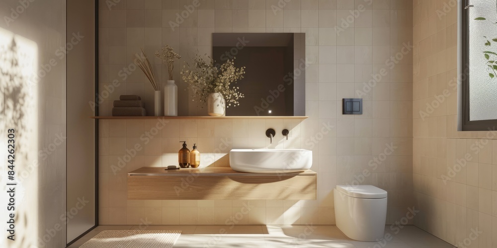 A tastefully decorated modern bathroom with a large mirror, toilet A tastefully decorated modern bathroom with a large mirror, toilet