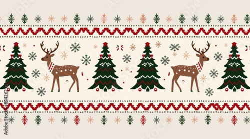 A seamless festive pattern mimicking a holiday sweater with reindeer and trees