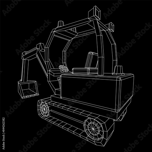Heavy equipment excavator machine manufacturing power equipment for open pit mining. Wireframe low poly mesh vector illustration