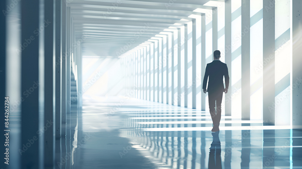Fototapeta premium Young businessman walking near window in contemporary office in background