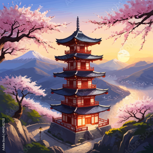 a painting of a pagoda surrounded by trees
