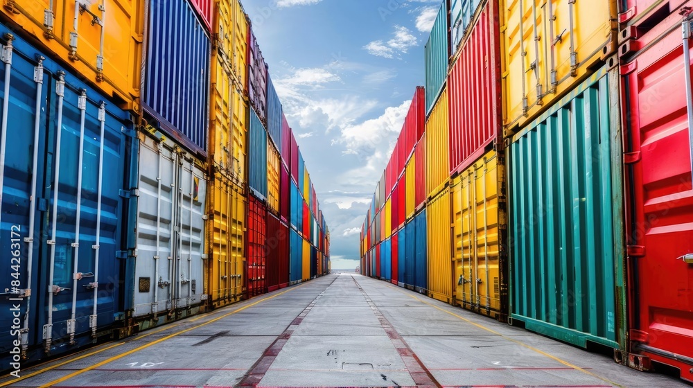 Fototapeta premium Containers stacked neatly at the port side view Organized storage advanced tone Tetradic color scheme