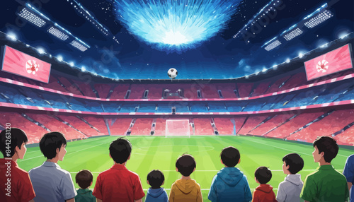 a group of people standing in front of a soccer field