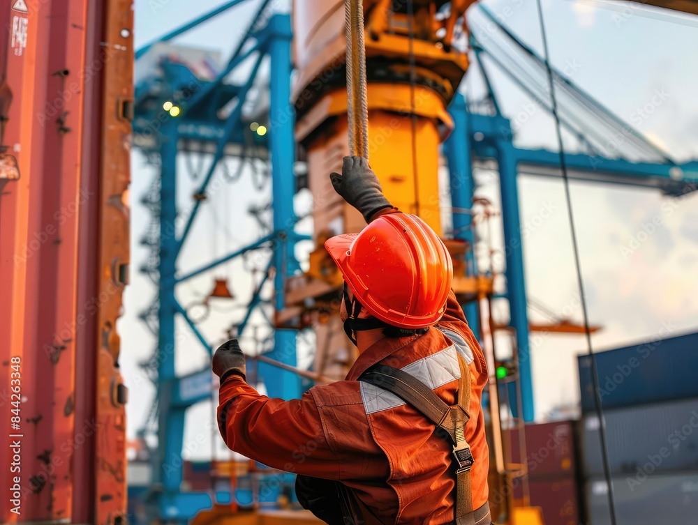 Crane operator in protective gear, meticulously aligning a container over a shipping ship at a busy port, cranes and containers in the background Crane operator in protective gear, meticulously aligning a container over a shipping ship at a busy port, cranes and containers in the background