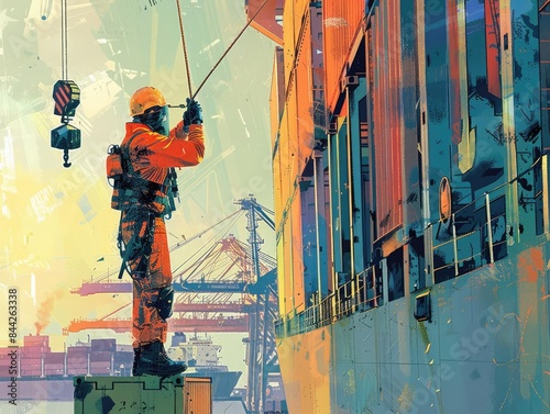 Crane operator in protective gear, meticulously aligning a container over a shipping ship at a busy port, cranes and containers in the background