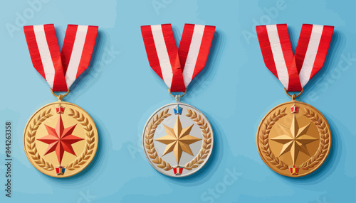 three gold, silver, and bronze medals on a blue background