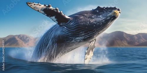 A joyful humpback whale calf playfully leaps out of the ocean. Concept Outdoor Photoshoot, Colorful Props, Joyful Portraits, Playful Poses, Wildlife Photography