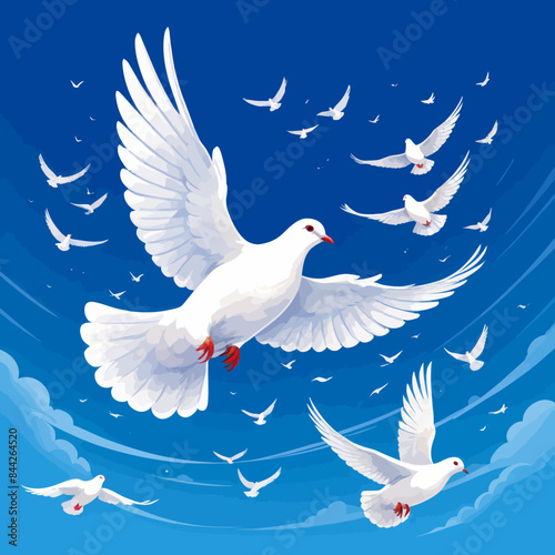 a flock of white birds flying through a blue sky