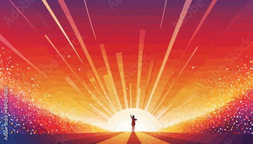 a person standing in front of a bright sunset