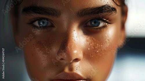 Close-up of a young woman with striking blue eyes and freckles