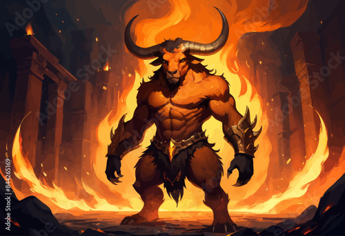 a demon standing in front of a blazing fire