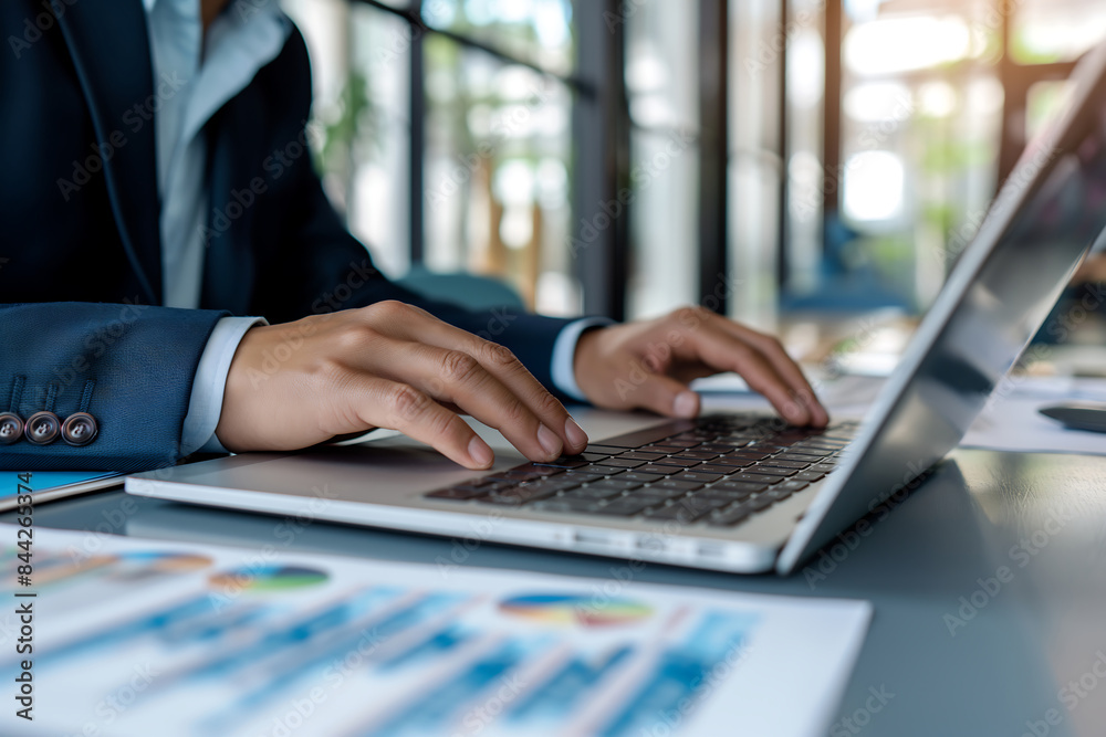 A professional businessman working on a laptop computer with financial data charts and graphs A professional businessman working on a laptop computer with financial data charts and graphs