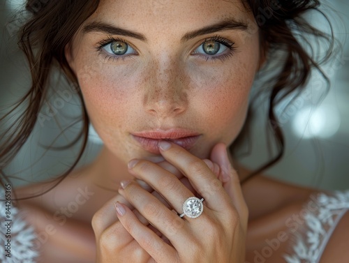 Woman hands in face pose wearing diamond engagement ring on her left hand Nikon D800 photo