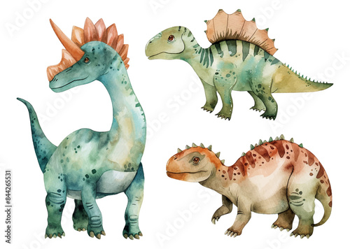 Set of watercolor cute little dinosaur pastel colorful vector illustration, for kids book,wallpaper, coloring book