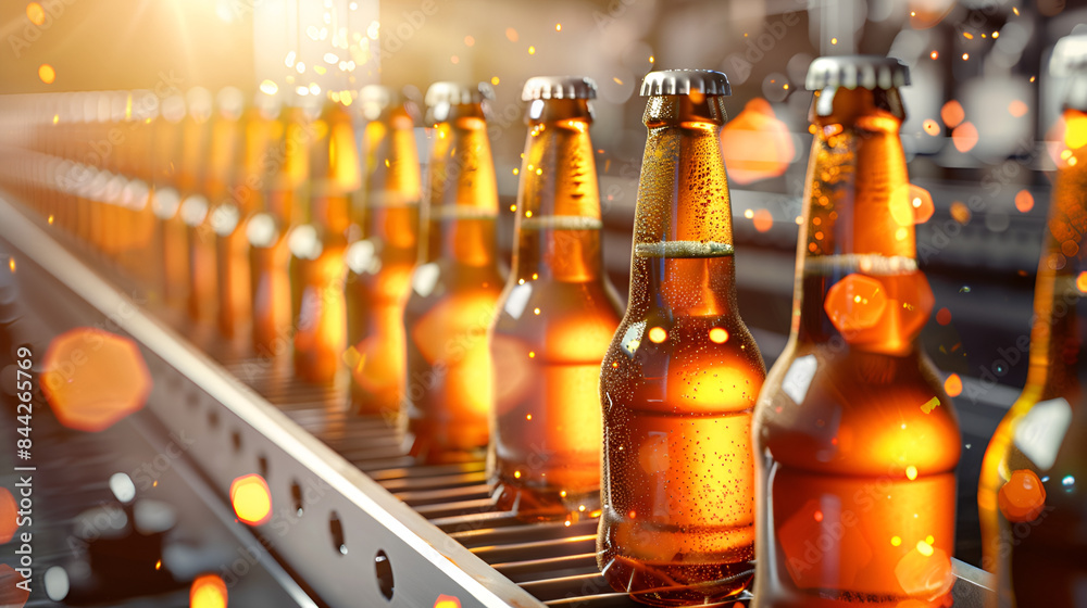 Brown bottles with beer moving on conveyor, with bokeh in background