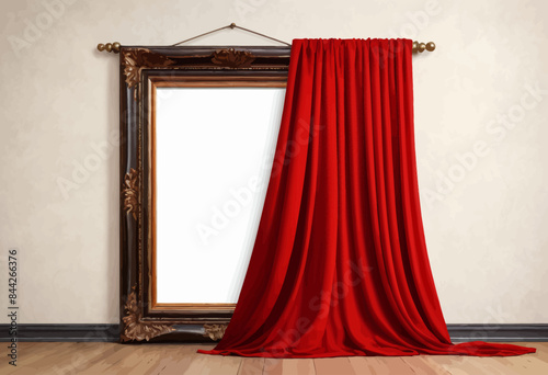 a mirror and a red curtain in a room