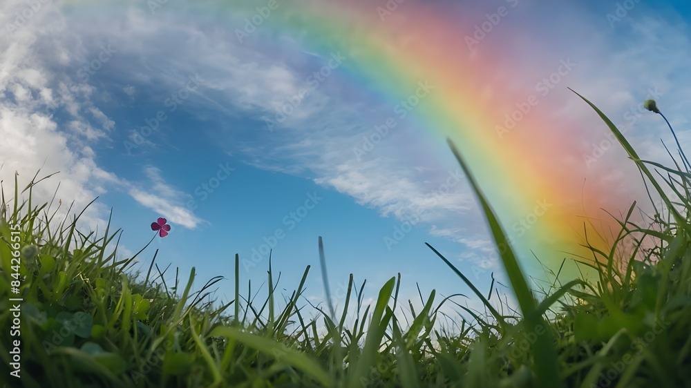 Naklejka premium Zoom out wide angle, lovely pastel rainbow on the clear blue sky, close-up of four-leaf clover, windy day, dewdrops glistening, super fresh morning, open field, Wide angle, pastel rainbow enhancing