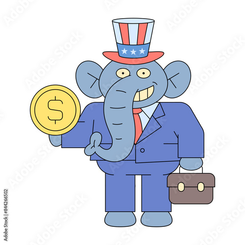 Elephant republican holding dollar coin and smiles