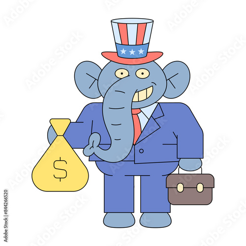 Elephant republican holding money bag and smiles