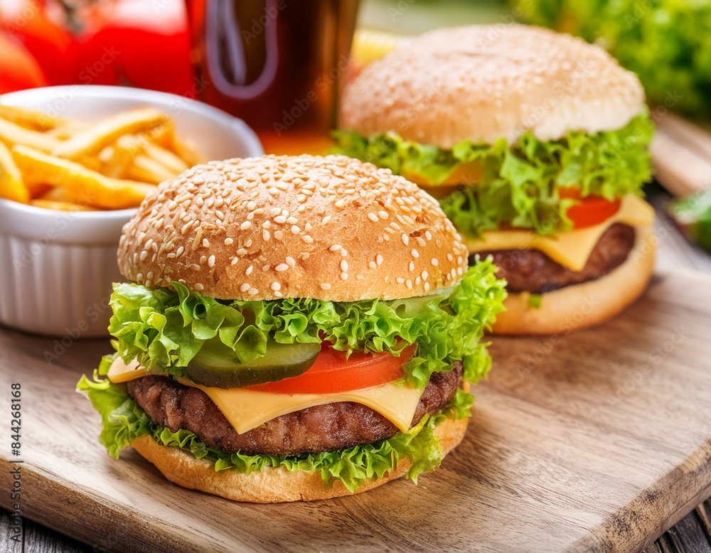Burger and fries on plate and wooden table. Delicious fast food Burger and fries on plate and wooden table. Delicious fast food