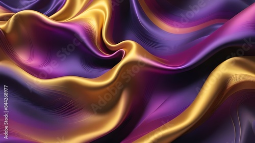 Abstract Background with 3D Wave Bright Gold and Purple Gradient Silk Fabric