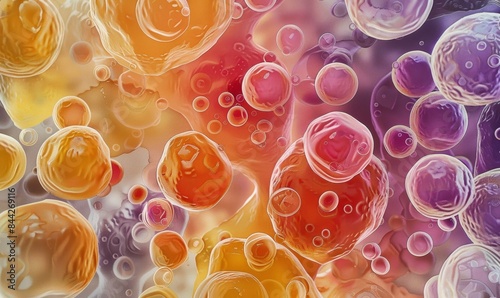 Microscopic viewing of fat cells reveals large fat droplets and their peripheral nuclei. photo