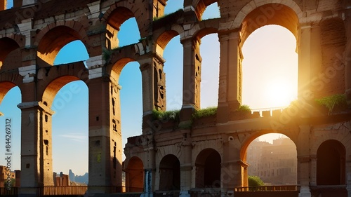 Colosseum in Rome Italy travel destination picture, flavian amphitheater on background, A majestic Roman colosseum bathed in the warm glow of the setting sun, a testament to the grandeur of ancient 
