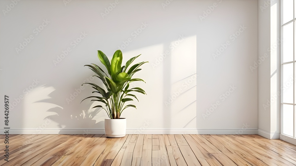 An empty white room with a wooden floor and a potted plant An empty white room with a wooden floor and a potted plant