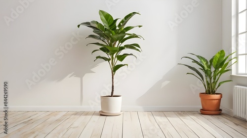 An empty white room with a wooden floor and a potted plant