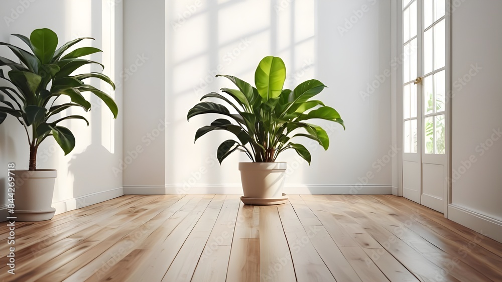 An empty white room with a wooden floor and a potted plant An empty white room with a wooden floor and a potted plant