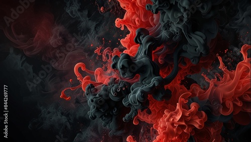 3D abstract background with smoke splashes using a striking combination of red and black.  © chromanium