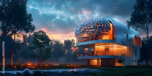 House with AI brain at the top blending habitation with artificial intelligence. Concept Artificial Intelligence, Smart Homes, Futuristic Architecture, Technological Integration, Modern Living photo