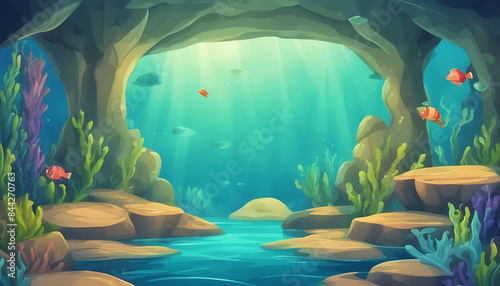 Sunbeams illuminate a vibrant underwater cave teeming with colorful fish and lush seaweed