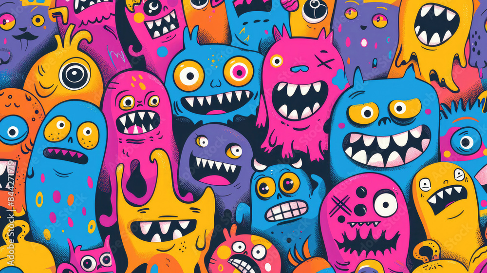 Smiling Cute Monster Doodles Vibrant and Cheerful Pattern with Happy Face