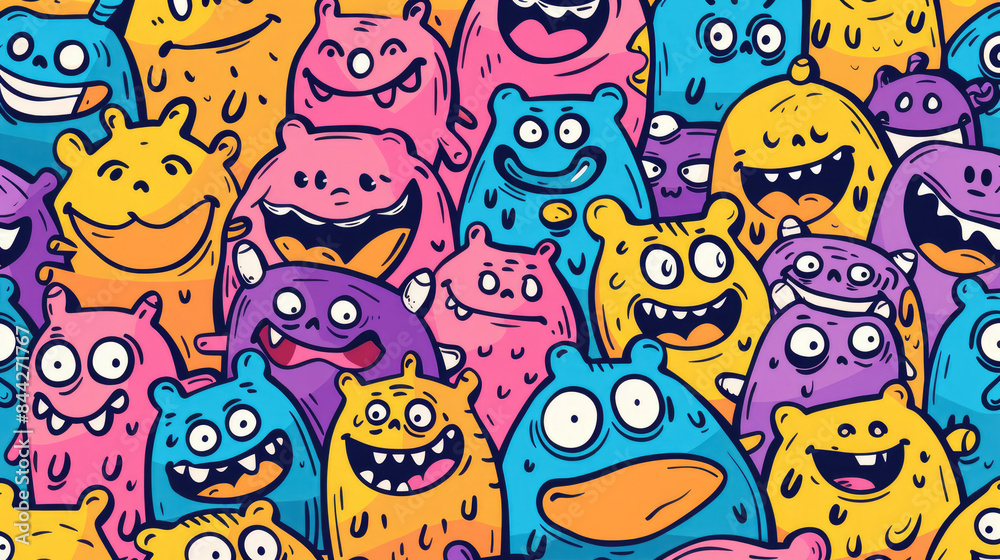 Smiling Cute Monster Doodles Vibrant and Cheerful Pattern with Happy Face Smiling Cute Monster Doodles Vibrant and Cheerful Pattern with Happy Face