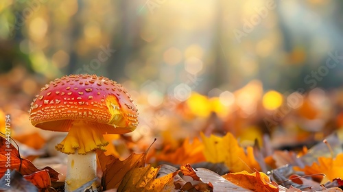 Autumn background. amanita muscaria mushroom in autumn leaves close up in forest. Fly agaric, wild poisonous red mushroom in yellow-orange fallen leaves. fall season, empty space photo